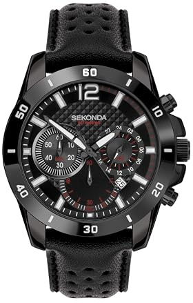 Sekonda Solo Mens Watch – 44mm Sport Chronograph Watch for Men with Black Leather Strap, Date Window and Fixed Bezel – 50m Water Resistant – 2 Year Warranty