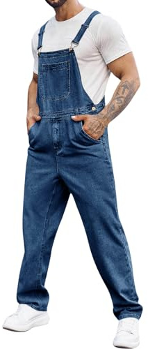 Runcati Men's Denim Dungarees Jeans Work Trousers Summer Streetwear Jeans Casual Adjustable Straps Jumpsuit