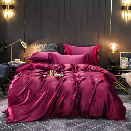 Seidenbettwäsche-Set, seidiges Bettlaken-Set, Bettbezug und Kissenbezug, hochwertige Heimtextilien, einfarbige Bettdecken-Sets, luxuriöses Bett in Einer Tasche (C Flat Bed Sheet_Queen 4PCS)