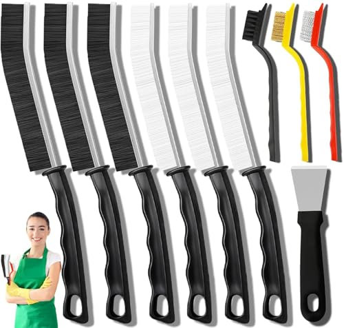SUZMEI 10Pcs Crevice Cleaning Brush Set with Scraper, Hard Bristle Cleaning Supplies for Kitchen, Bathroom, Corner, Sink, Cup, Teapot, Bottle