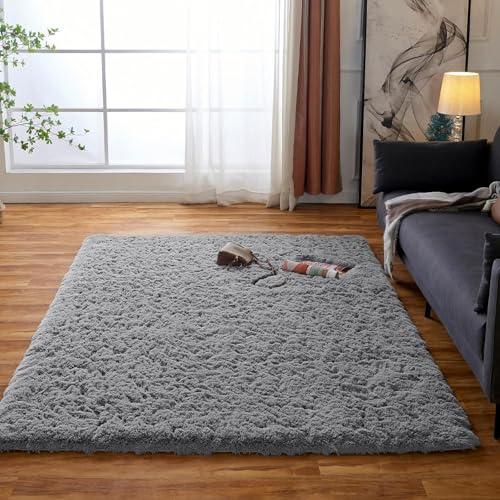 Obundi Grau Hochflorteppich 80x120cm Waschbarer Teppich Schlafzimmer | Flauschig, Hochflor 4-5 cm, Rutschfeste, Hochwertiger Schaumstoff, für Wohnzimmer, Kinderzimmer, Babyzimmer