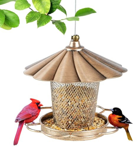 IWTTWY Bird Feeder Hanging, Squirrel Proof Heavy Duty Metal Seed Feeder, Wild Bird Feeder for Outside Garden Yard Decoration, Flower Shape with Roof