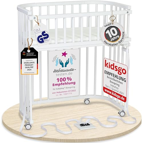 babybay Boxspring Beistellbett aus massivem Buchenholz/kompakt & verwandelbar/Kinderbett Höhe stufenlos verstellbar/mitwachsendes Babybett (weiß lackiert) / inkl. Matratze, Gitter, Rollen