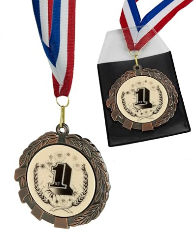 SilverTrophy: 70mm 1st Place Gold Metal Medal & Ribbon with Sleeve, Winners, Champions, Hero, Number 1, Kids Gift, Affordable, Kids Party, Prize, Competition, Tournament, Sports Day, Camp Award