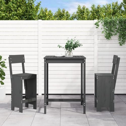 Homgoday 3-TLG. Gartenbar-Set Grau Massivholz Kiefer Gartenbar Set Bartisch Barstühle Theke Bar Tresen Gartentheke Stehtisch Barhocker Gartenmöbel Sitzgruppe Gartenset