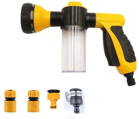 Garden Hose Nozzle - Multifunctional Foam Water Spray Gun - 8 Adjustable Patterns, Built-in Soap Dispenser, Water Saving - Ideal for Watering Lawn Car Washing Pet Showering (Yellow)
