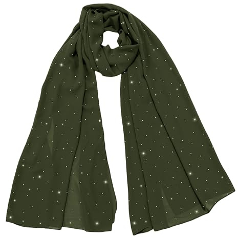 Lina & Lily Hijab Bufanda Mujer de Gasa con Strass Brillantes (Verde Oliva)