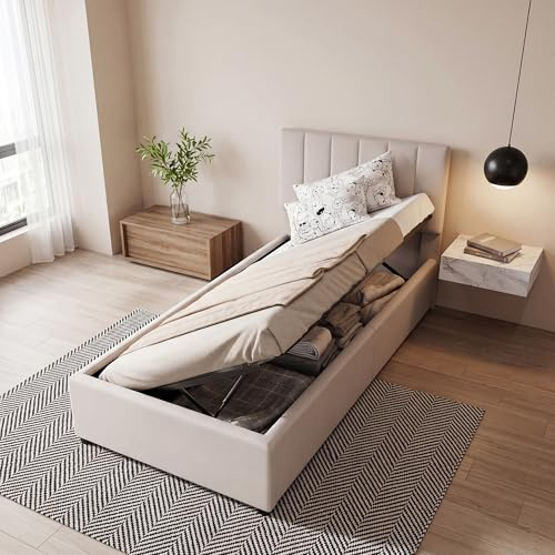Wnvivi Behållare för enkelsäng, 90 x 200 cm, barnsäng, hydraulisk behållare, justerbart huvudgavel, ribbotten, linnetyg (beige)