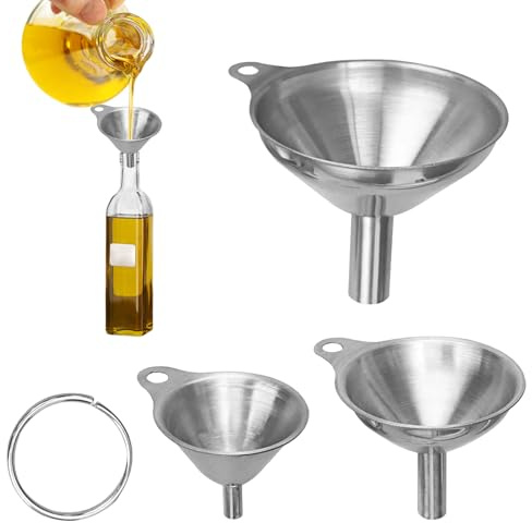 Juego de embudos de cocina de acero inoxidable, embudo de metal de grado alimenticio con colador para llenar botellas, transferir líquido, aceite, jugo, leche (paquete de 3 pequeños)