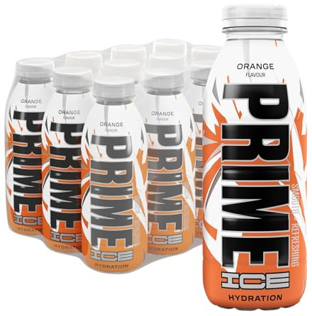 PRIME Hydration Ice Orange, bebidas deportivas, con electrolitos mejorados para una hidratación óptima, 250 mg de BCAA, vitamina B, antioxidantes, bajo contenido en azúcar, 16,9 fl oz, paquete de 12