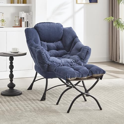 vutizal Fåtölj med pall | Öronfåtölj med fotstöd och sidoficka | XXL relaxfåtölj, loungefåtölj för vardagsrum och sovrum | bekväm stoppad fåtölj med armstöd, marinblå