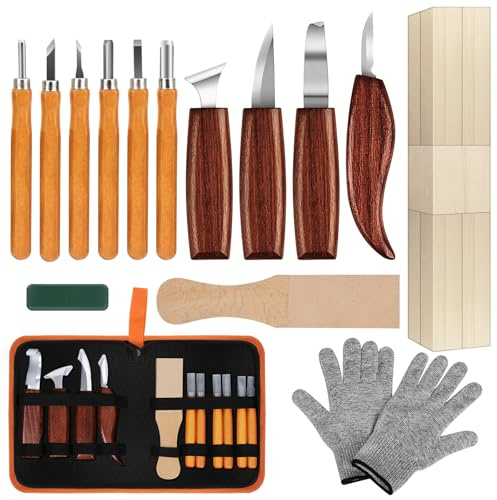 24 utensili per intaglio in legno – Set di attrezzi per intaglio in legno con 4 coltelli da intaglio e 6 coltelli dettagliati, 9 blocchi di tiglio, borsa arrotolabile, guanto, blocco fiammiferi e