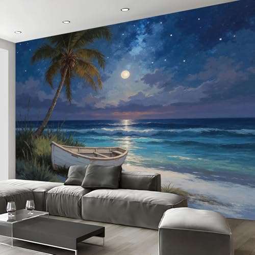 Carta Da Parati Fotografica Romantica Vista Notturna 3D Effetto Piccola Barca Sotto Palma Design Carta Tessuto Non Tessuto TNT Blu XXL Fotomurale per Soggiorno Camera Letto Decorazione,500×350cm