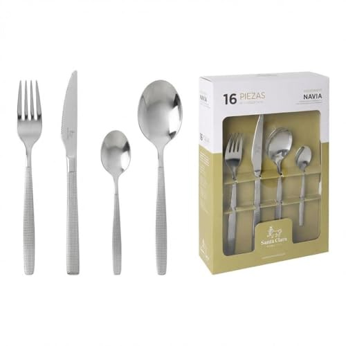 SANTA CLARA | Cubertería completa 16 piezas de acero inoxidable brillo, juego de cubiertos con cuchillo, tenedor, cuchara y cucharilla de postre, servicio para 4 personas, modelo Mónaco