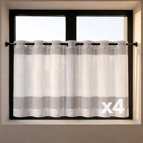 Happy Home 4er-Set Scheibengardine mit Ösen 140x50 cm – Halbtransparenter Vorhang Leinenoptik Grau Weiß – Moderne Bistrogardine für Küche & Bad – Küchengardine Kurz & Waschbar