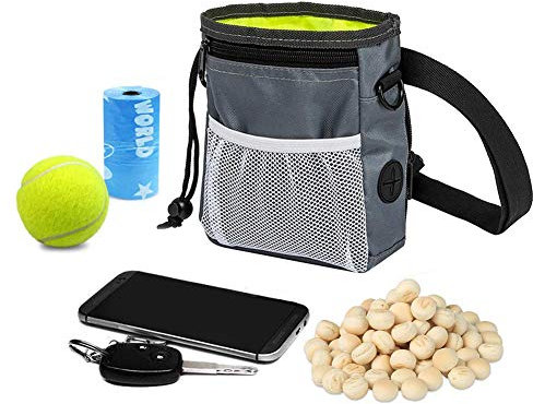 HANWELL Dog Treat Bag with Built-In Poop Bags Dispenser, Puppy Pet Training Walking Pouch with Adjustable Waist Belt & Shoulder Strap, Hands Free Carries for Running (Grey)