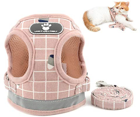 SELMAI Plaid Katzengeschirr Kitten Leine Usbruchsicher Reflektierend Brustgeschirre Weiches Mesh Brustgurt für Kleine Hunde Kein Zug Weste Laufgeschirre für Chihuahua Gehen Draussen Rosa XS