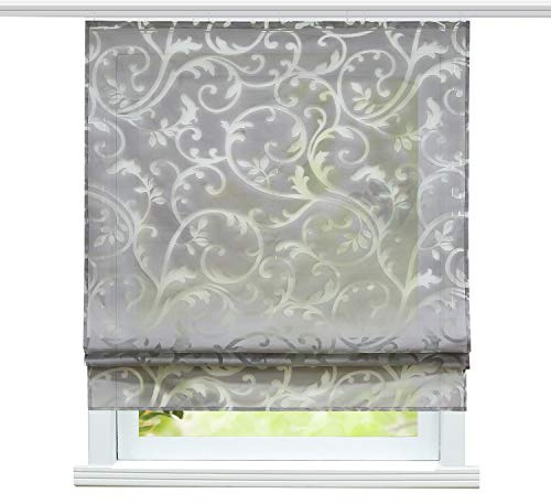 ESLIR Raffrollo Klettband Wohnzimmer Raffgardine Ausbrenner Grau 140x140 | GardinenKüche,VorhängeTransparent,Bändchenrollo Modern,Fensterrollo innen,1Stück,mit Klettschiene,Voile,Landhaus