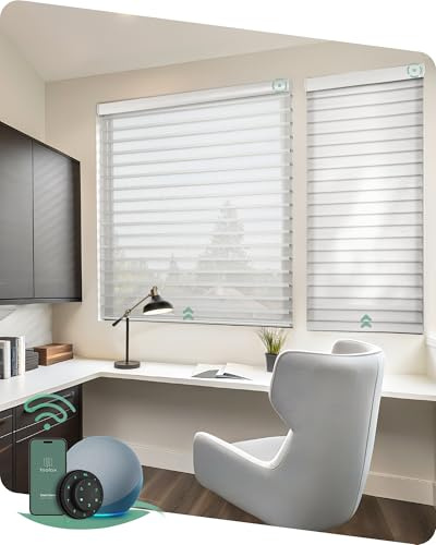 Yoolax Motorized Shangri-la Shades Work with Alexa Google, Motorized Blinds with Remote Control Light Filtering Shangri-la Blinds for Windows Smart Shades Custom Size (60% Blackout Narrow White)
