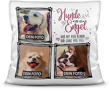 Print Royal Kissen inkl. Füllung mit Spruch - Hunde sind wie Engel - zum selbst Gestalten mit DREI Wunschfotos für den Hundefreund, Kissen Polyester - Weiß, 40 x 40 cm