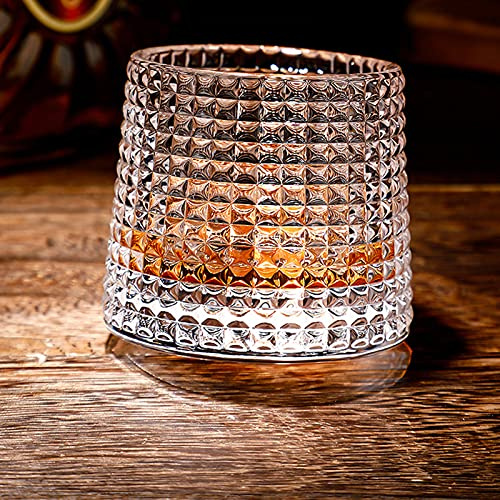 DAWNTREES Crystal Whiskey Glasses, Whisky Glass, 150 ml Lattice Tumbler Cup | Lead-free patterned crystal with a spherical rotating base, suited to bourbon, Scotch, cocktails, ice cubes or stones