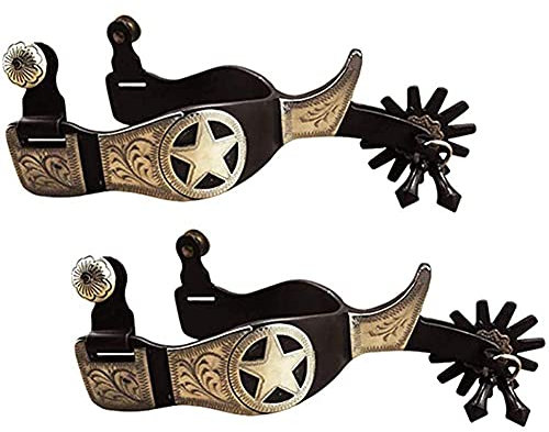 Sporengeschenke für Jungen – Sporen für Stiefel, Western-Retro-Cowboy, schwarzer Stahl, fünfeckiger Kopf, Schnitzsporen mit Roller-Sporen, Ritter-Reitausrüstung (schwarz – Sporenriemen)