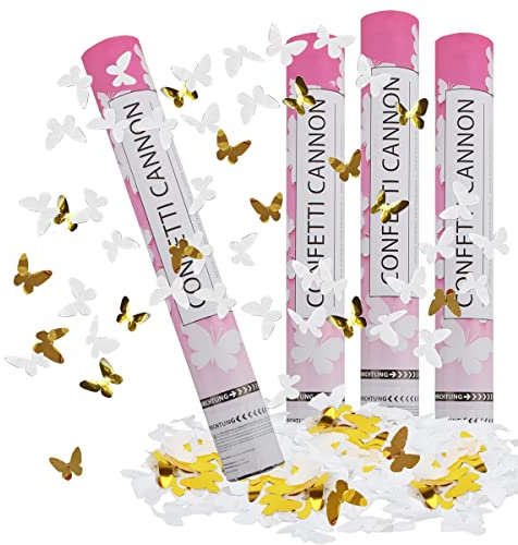 Spara Coriandoli Matrimonio, RosyFate 4 x Sparacoriandoli Farfalla 40cm, Cannone Sparacoriandoli, Coriandoli Popper, Bombe di Coriandoli, per Matrimoni, Proposte, Fidanzamenti (Bianco+oro)