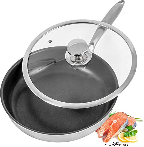AUDANNE Padella antiaderente con coperchio, 27,9 cm antiaderente grande padella in acciaio inox con manico – adatta al forno antiaderente rivestimento in teflon a induzione, colore nero 28 cm