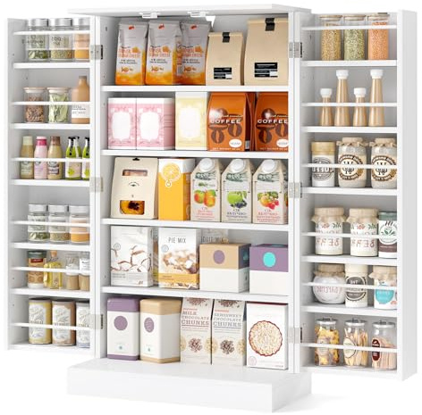 TANGZON Kitchen Cupboard, Kitchen Pantry Cabinet with Doors & Adjustable Shelves, Space Saving Larder Storage Cupboard Organiser for Dining Room Living Room Entryway (White, 59 x 30 x 104cm)