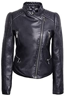 QUEEN HELENA Chaqueta Biker de piel sintética de la motocicleta chaqueta casual elegante motocicleta chaqueta corta mujer Y2007, Negro , S