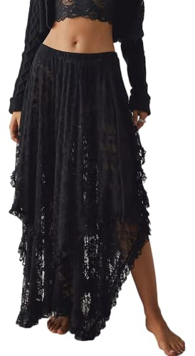 R.Vivimos Donne Estate Boho Pizzo Spiaggia Cover Up Maxi Gonna Trasparente Swing Increspature Irregolare Orlo Gonne Lunghe(S,Nero)