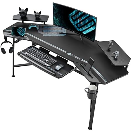 EUREKA ERGONOMIC Gaming Desk with LED Lights 182 x 76cm Wing Shaped Computer Desk Large Office Computer Workstation PC Table w Keyboard Tray Monitor Stand Dual Headphone Hanger Cup Holder