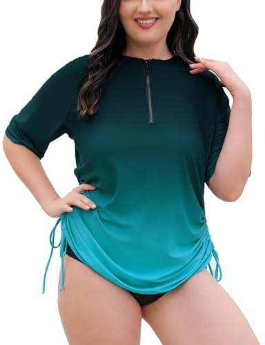 Halcurt Women's Plus Size Rash Guard Short Sleeve Swim Shirts with Tie Drawstring Half Zip UPF50+ Swimsuit Top, Ombre Green, 2X