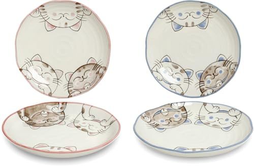 2 pièces - Ensemble d'assiettes - Chats - Edo japan - Ø19,5 cm - Assiette creuse - Assiette en porcelaine - Céramique - Grande - Assiette à dîner - Assiette à manger - Assiette à petit-déjeuner