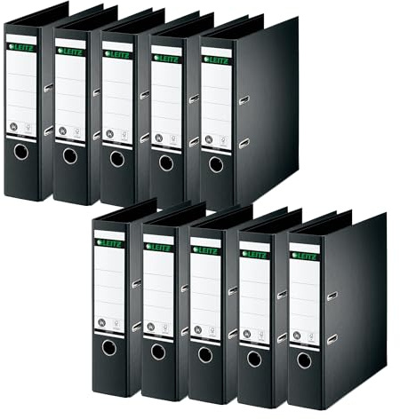 Leitz Qualitäts-Ordner 180°, 10er Pack, A4, 8 cm Rückenbreite, Spezialpapierkaschierung in Leinenprägung, Blauer Engel, Schwarz, 10070095