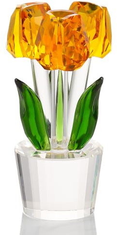 Enjinkail Yellow Tulips Artificial Flowers Glass Decor Collectible Crystal Figurine Ideas for Mom Women on Graduation Christmas Wedding