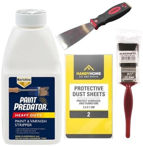 Paint Predator™ Heavy Duty Paint Stripper for Wood and Metal Bundle - Includes 500ml Paint and Varnish Remover, Metal Scraper, 1.5 Inch Brush, Protective Gloves, Protective Dust Sheets