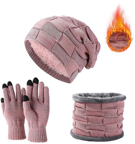 JXCTNNU Mütze Schal Handschuh Sets Wintermütze Unisex Beanie Strickmütze Winterschal Thermo Touchscreen Handschuhe Ski 3-in-1 Wintermütze Verdickung Set für Herren Damen (Rosa)