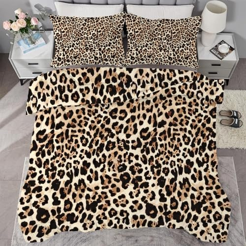 buyluhn Bettdecke 200x220 Ohne Bezug Nutzbar, Bettdecken Leopardenmuster Waschbar Ganzjahresdecke Braun 4 Jahreszeiten Steppdecke, Bettzeug Microfaser mit 2 Kissenbezug für Sommer Winter