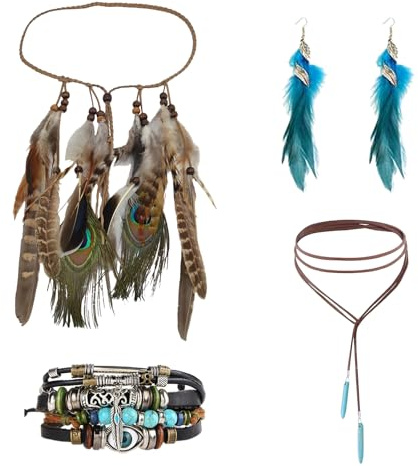 Lufdegim 4 Stück Indianer Kopfschmuck Damen Set, Feder Haarschmuck Clip Stirnband Indianer Kostüm Damen Indianer Kopfschmuck Vintage Boho Hippie Mottoparty für Karneval Kostüme Party