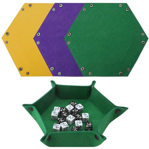 HENGBIRD Set di 3 piatti a cubetti pieghevoli, porta dadi, lancia dadi, per quixx e dragons RPG DND (giallo+verde + viola)