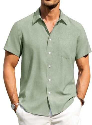 Alimens & Gentle Mens Linen Shirts Short Sleeve Button Down Shirts Wrinkle Free Casual Vacation Beach Summer Tops,Mint Green,L