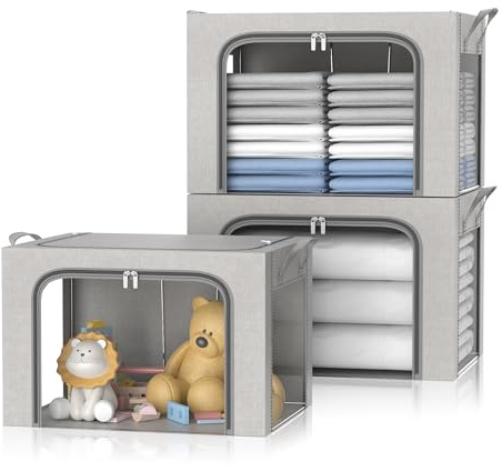 FUSACONY - Lote de 3 bolsas de almacenamiento de ropa, caja plegable con marco metálico, cajas apilables para edredones, mantas y almohadas, gris (24 L)