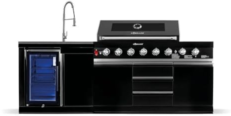 GORILLER BLACKBACK S1 Cocina al aire libre, parrilla de gas XXL con carcasa de acero inoxidable, nevera integrada, grifo, color negro