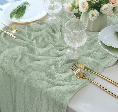 Anstore Käsetuch Tischläufer Grün 80x300cm Tischband Grün, Tischläufer Eukalyptus Waschbar Tischband Musselin Salbeigrün Dekostoff für Hochzeit Party Geburtstag Küche Tisch Dekoration Drinnen Urlaub