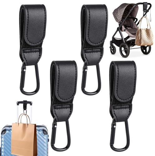 4 Stück Kinderwagenhaken für Taschen, Universal-Karabiner, Kinderwagenhaken aus Leder, Klettverschluss, Haken für Kinderwagen und Koffer (schwarz)