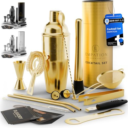 EMPATION Cocktail Shaker Gold, 14-teiliges Cocktail Set mit 700ml Cobbler Shaker, Cocktail Zubehör inklusive Rezeptkarten, Bar Set für Anfänger & Profis Cocktailshaker Set perfekt als Präsent geeignet