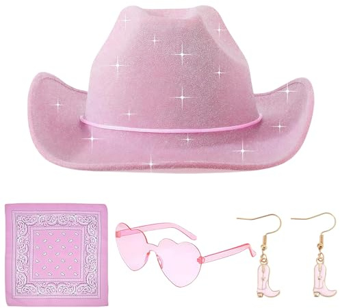 SKIPTHYBER Cowboy Hut Damen 4PCS Cowgirl Hut mit Herzbrille Schal Ohrringe Cowgirl Kostüm Accessoires Damen Cowboy Hut Wilder Westen Kostü Westernhut für Party Cosplay Karneval (Rosa)