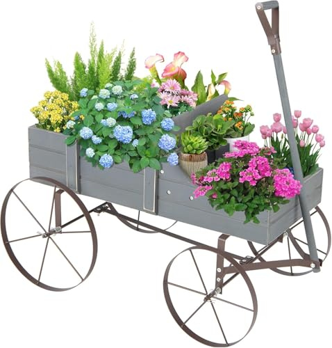 GOPLUS Carrito de Madera para Planta con 4 Ruedas Metal y Mango, Macetero Decorativo Exterior con 2 Compartimentos, Jardinera Interior Colocar Regalos,62 x 34 x 61cm (Gris)