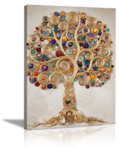 HOQIU quadro albero della vita Albero gemma astratto stampe su tela, quadri grandi dimensioni, Adatto per soggiorno, camera da letto, cucina(oro)-80x120cm Incorniciato